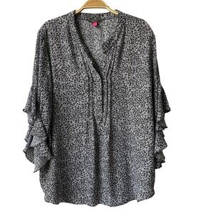 Vince Camuto Ditsy Floral Pintuck Blouse Top Women XL Black Ruffle Bell Sleeve